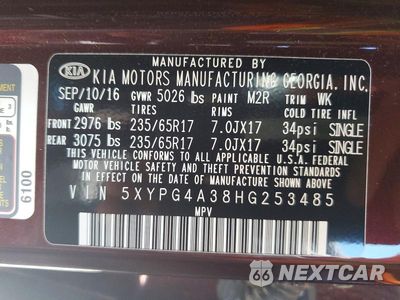 Zdjęcie 13 z 13 samochodu: 2017 KIA SORENTO VIN:5XYPG4A38HG253485 - miniatura