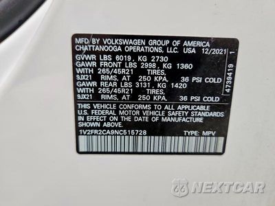 Zdjęcie 13 z 13 samochodu: 2022 VOLKSWAGEN ATLAS SEL PREMIUM R-LINE VIN:1V2FR2CA9NC515728 - miniatura