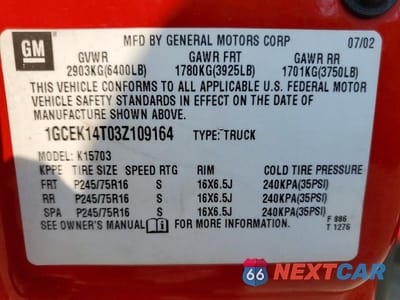 Zdjęcie 12 z 12 samochodu: 2003 CHEVROLET SILVERADO K1500 VIN:1GCEK14T03Z109164 - miniatura