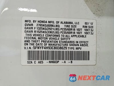 Zdjęcie 13 z 13 samochodu: 2012 HONDA PILOT TOURING VIN:5FNYF4H93CB038629 - miniatura