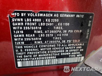 Zdjęcie 13 z 13 samochodu: 2013 VOLKSWAGEN TIGUAN S VIN:WVGBV7AX5DW006664 - miniatura