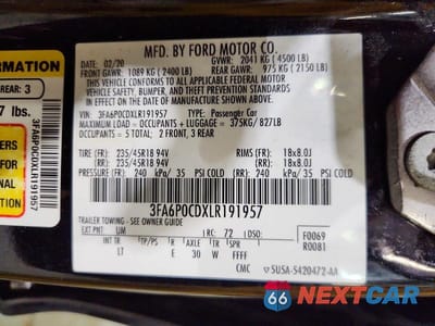 Zdjęcie 12 z 12 samochodu: 2020 FORD FUSION SEL VIN:3FA6P0CDXLR191957 - miniatura