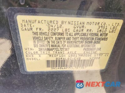 Zdjęcie 12 z 12 samochodu: 2012 NISSAN SENTRA 2.0 VIN:3N1AB6AP7CL727367 - miniatura