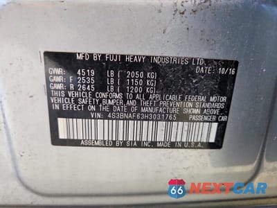 Zdjęcie 12 z 12 samochodu: 2017 SUBARU LEGACY 2.5I PREMIUM VIN:4S3BNAF63H3031765 - miniatura