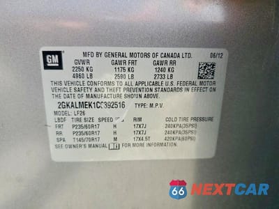 Zdjęcie 14 z 14 samochodu: 2012 GMC TERRAIN SLE VIN:2GKALMEK1C6392516 - miniatura