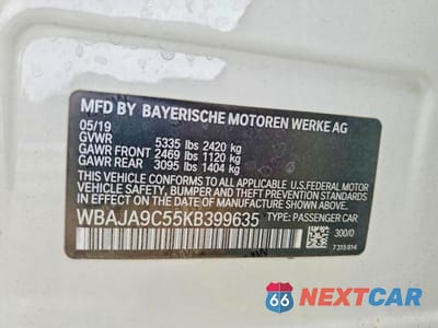 Zdjęcie 12 z 12 samochodu: 2019 BMW 530E VIN:WBAJA9C55KB399635 - miniatura