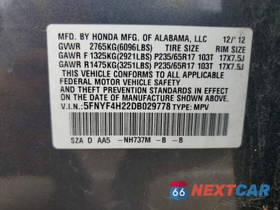 Zdjęcie 13 z 13 samochodu: 2013 HONDA PILOT LX VIN:5FNYF4H22DB029778 - miniatura