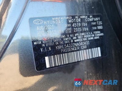 Zdjęcie 12 z 12 samochodu: 2022 HYUNDAI SONATA HYBRID LIMITED VIN:KMHL54JJ2NA040431 - miniatura