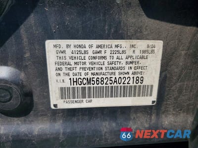 Zdjęcie 12 z 12 samochodu: 2005 HONDA ACCORD VIN:1HGCM56825A022189 - miniatura