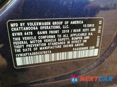 Zdjęcie 12 z 12 samochodu: 2013 VOLKSWAGEN PASSAT S VIN:1VWAP7A35DC078213 - miniatura