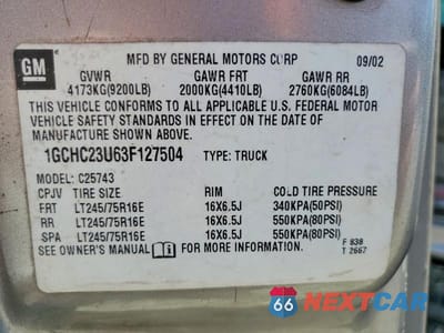Zdjęcie 12 z 12 samochodu: 2003 CHEVROLET SILVERADO C2500 HEAVY DUTY VIN:1GCHC23U63F127504 - miniatura