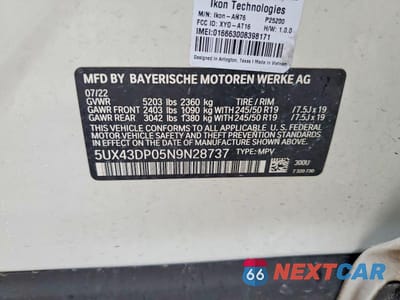 Zdjęcie 13 z 13 samochodu: 2022 BMW X3 SDRIVE30I VIN:5UX43DP05N9N28737 - miniatura