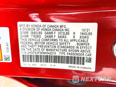 Zdjęcie 13 z 13 samochodu: 2022 HONDA CIVIC SPORT VIN:2HGFE2F5XNH542219 - miniatura