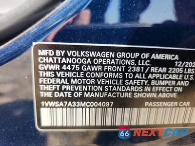 Zdjęcie 12 z 12 samochodu: 2021 VOLKSWAGEN PASSAT SE VIN:1VWSA7A33MC004097 - miniatura