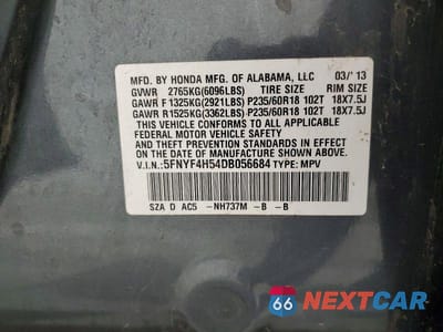 Zdjęcie 13 z 13 samochodu: 2013 HONDA PILOT EXL VIN:5FNYF4H54DB056684 - miniatura