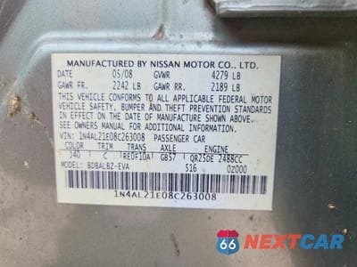 Zdjęcie 12 z 12 samochodu: 2008 NISSAN ALTIMA 2.5 VIN:1N4AL21E08C263008 - miniatura