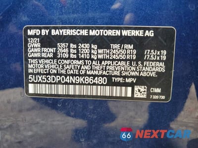 Zdjęcie 14 z 14 samochodu: 2022 BMW X3 XDRIVE30I VIN:5UX53DP04N9K86480 - miniatura