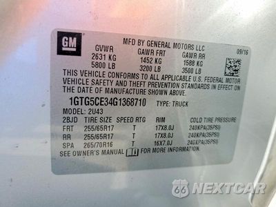 Zdjęcie 13 z 13 samochodu: 2016 GMC CANYON SLE VIN:1GTG5CE34G1368710 - miniatura