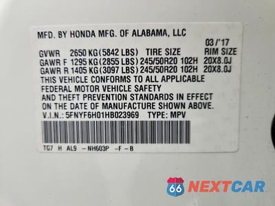 Zdjęcie 13 z 13 samochodu: 2017 HONDA PILOT ELITE VIN:5FNYF6H01HB023969 - miniatura