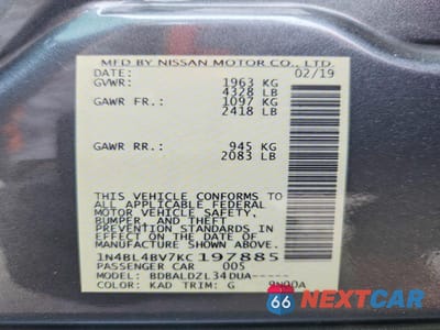 Zdjęcie 12 z 12 samochodu: 2019 NISSAN ALTIMA S VIN:1N4BL4BV7KC197885 - miniatura
