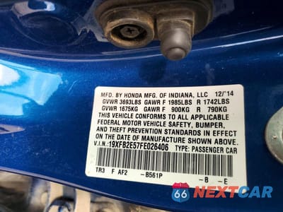 Zdjęcie 12 z 12 samochodu: 2015 HONDA CIVIC LX VIN:19XFB2E57FE026406 - miniatura