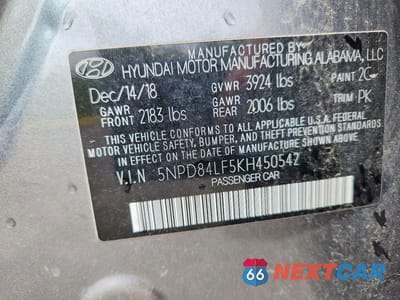 Zdjęcie 12 z 12 samochodu: 2019 HYUNDAI ELANTRA SEL VIN:5NPD84LF5KH450542 - miniatura