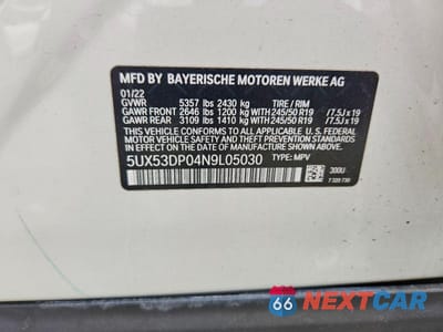 Zdjęcie 13 z 13 samochodu: 2022 BMW X3 XDRIVE30I VIN:5UX53DP04N9L05030 - miniatura