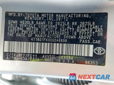 Zdjęcie 12 z 12 samochodu: 2012 TOYOTA CAMRY HYBRID XLE VIN:4T1BD1FK0CU046898 - miniatura