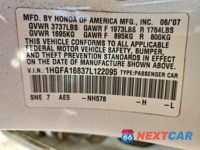 Zdjęcie 12 z 12 samochodu: 2007 HONDA CIVIC EX VIN:1HGFA16837L122095 - miniatura
