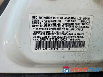 Zdjęcie 12 z 12 samochodu: 2008 HONDA PILOT EXL VIN:5FNYF18778B015603 - miniatura