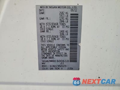 Zdjęcie 13 z 13 samochodu: 2013 NISSAN PATHFINDER S VIN:5N1AR2MM8DC600610 - miniatura