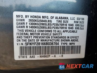 Zdjęcie 13 z 13 samochodu: 2006 HONDA PILOT LX VIN:5FNYF28166B036764 - miniatura