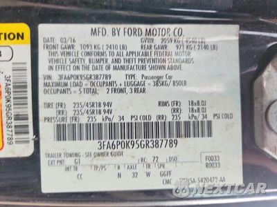 Zdjęcie 12 z 12 samochodu: 2016 FORD FUSION VIN:3FA6P0K95GR387789 - miniatura