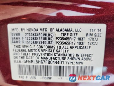 Zdjęcie 13 z 13 samochodu: 2015 HONDA ODYSSEY EXL VIN:5FNRL5H67FB044401 - miniatura