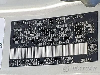Zdjęcie 12 z 12 samochodu: 2019 TOYOTA CAMRY SE VIN:4T1B11HK8KU164413 - miniatura