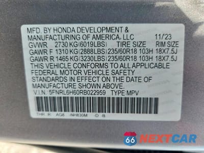Zdjęcie 13 z 13 samochodu: 2024 HONDA ODYSSEY EXL VIN:5FNRL6H60RB022959 - miniatura