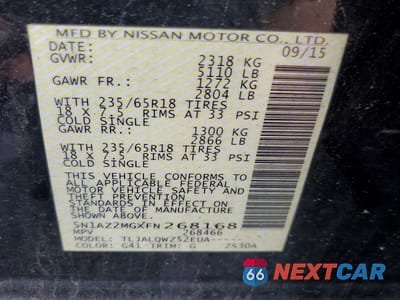 Zdjęcie 14 z 14 samochodu: 2015 NISSAN MURANO SV VIN:5N1AZ2MGXFN268168 - miniatura
