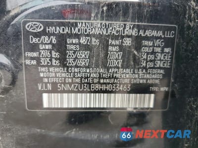 Zdjęcie 13 z 13 samochodu: 2017 HYUNDAI SANTA FE SPORT 2.4L VIN:5NMZU3LB8HH033463 - miniatura