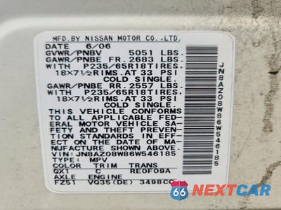 Zdjęcie 13 z 13 samochodu: 2006 NISSAN MURANO S VIN:JN8AZ08W86W546185 - miniatura