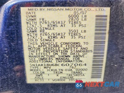 Zdjęcie 13 z 13 samochodu: 2008 NISSAN PATHFINDER S VIN:5N1AR18U68C607064 - miniatura