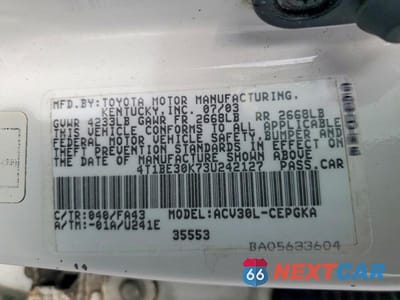 Zdjęcie 12 z 12 samochodu: 2003 TOYOTA CAMRY XLE VIN:4T1BE30K73U242127 - miniatura