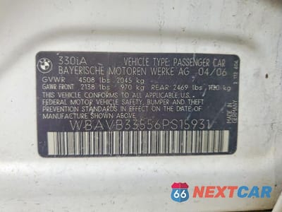 Zdjęcie 12 z 12 samochodu: 2006 BMW 330 I VIN:WBAVB33556PS15931 - miniatura