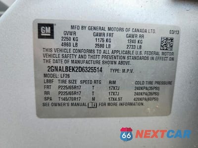 Zdjęcie 13 z 13 samochodu: 2013 CHEVROLET EQUINOX VIN:2GNALBEK2D6325514 - miniatura