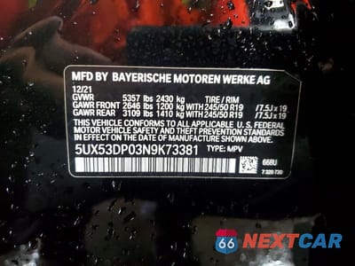 Zdjęcie 13 z 13 samochodu: 2022 BMW X3 XDRIVE30I VIN:5UX53DP03N9K73381 - miniatura