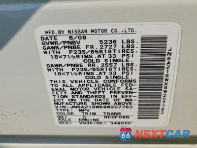 Zdjęcie 13 z 13 samochodu: 2009 NISSAN MURANO S VIN:JN8AZ18WX9W207762 - miniatura