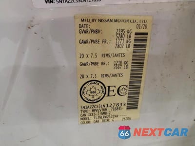 Zdjęcie 14 z 14 samochodu: 2020 NISSAN MURANO SL VIN:5N1AZ2CS3LN127833 - miniatura