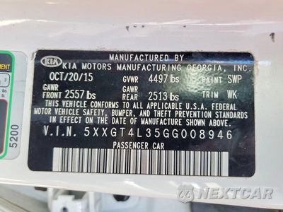 Zdjęcie 12 z 12 samochodu: 2016 KIA OPTIMA LX VIN:5XXGT4L35GG008946 - miniatura