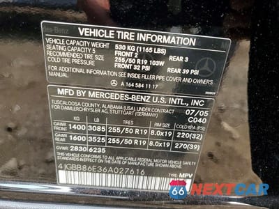 Zdjęcie 12 z 12 samochodu: 2006 MERCEDES-BENZ ML 350 VIN:4JGBB86E36A027616 - miniatura