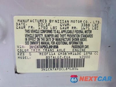 Zdjęcie 13 z 13 samochodu: 2012 NISSAN VERSA 1.6 S VIN:3N1CN7AP0CL891856 - miniatura