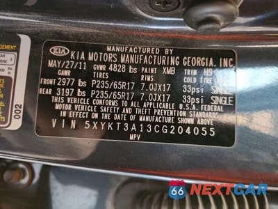 Zdjęcie 12 z 12 samochodu: 2012 KIA SORENTO LX VIN:5XYKT3A13CG204055 - miniatura